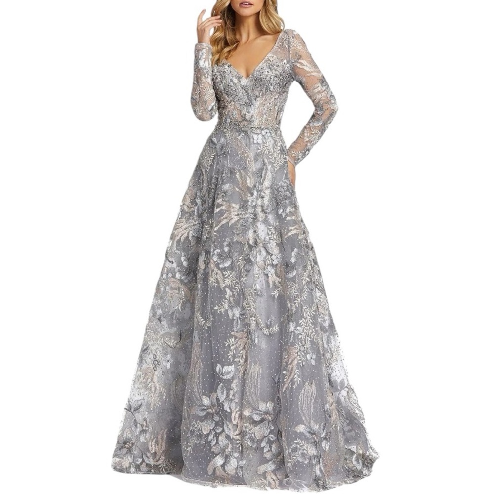 Mac Duggal Silver Floral Maxi Dress